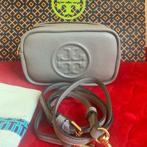 Tory Burch Perry Bombe Crossbody Leather Bag- grey heron